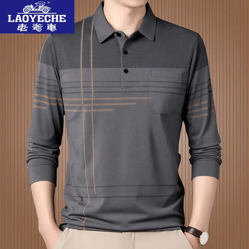 老爷车中年男士长袖T恤春季中老年男秋衣薄款条纹体恤爸爸上衣服