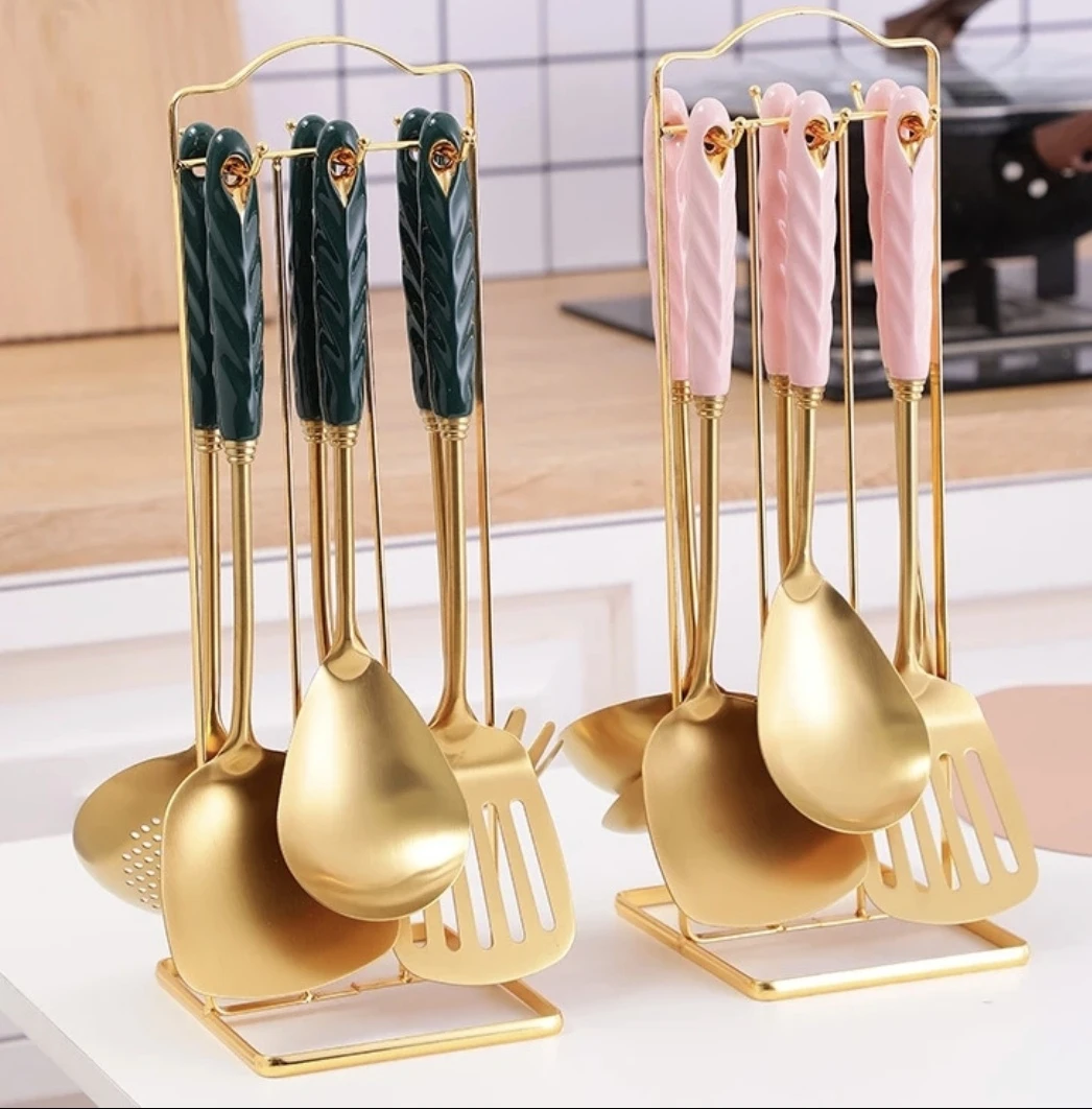 北欧轻奢风锅铲厨具套装家用厨房煎蛋铲粉捞饭勺支架七件套