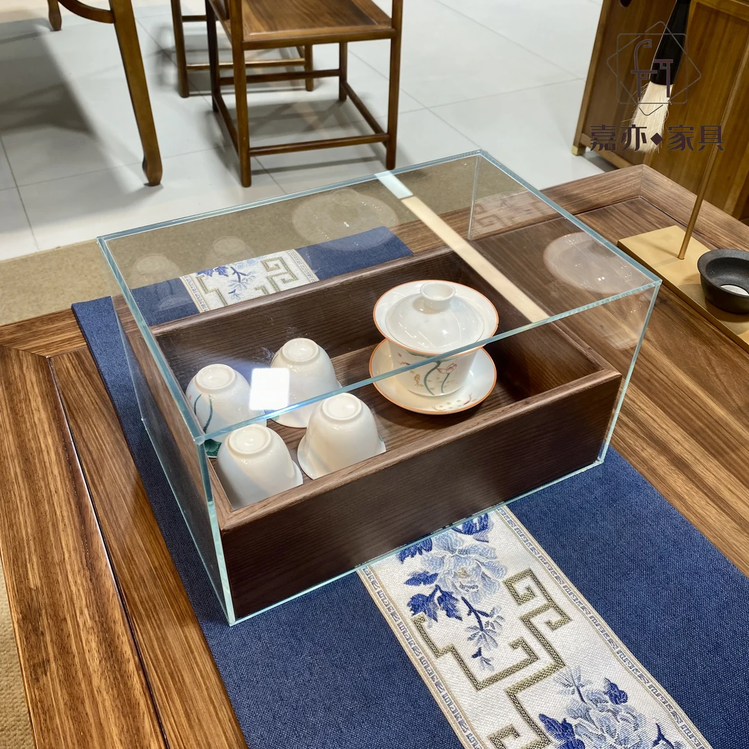 黑胡桃色单层防尘玻璃柜茶具桌面收纳盒首饰文玩展示盒堆叠牙科柜