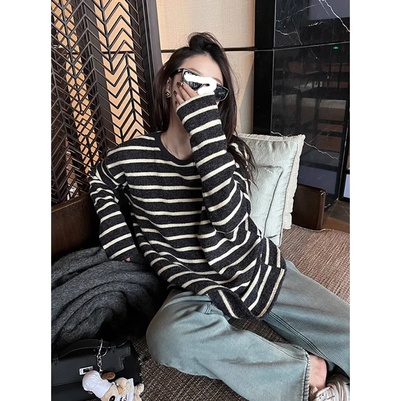 奥绒加厚慵懒风条纹t恤女秋冬季新款百搭宽松长袖打底衫外穿上衣