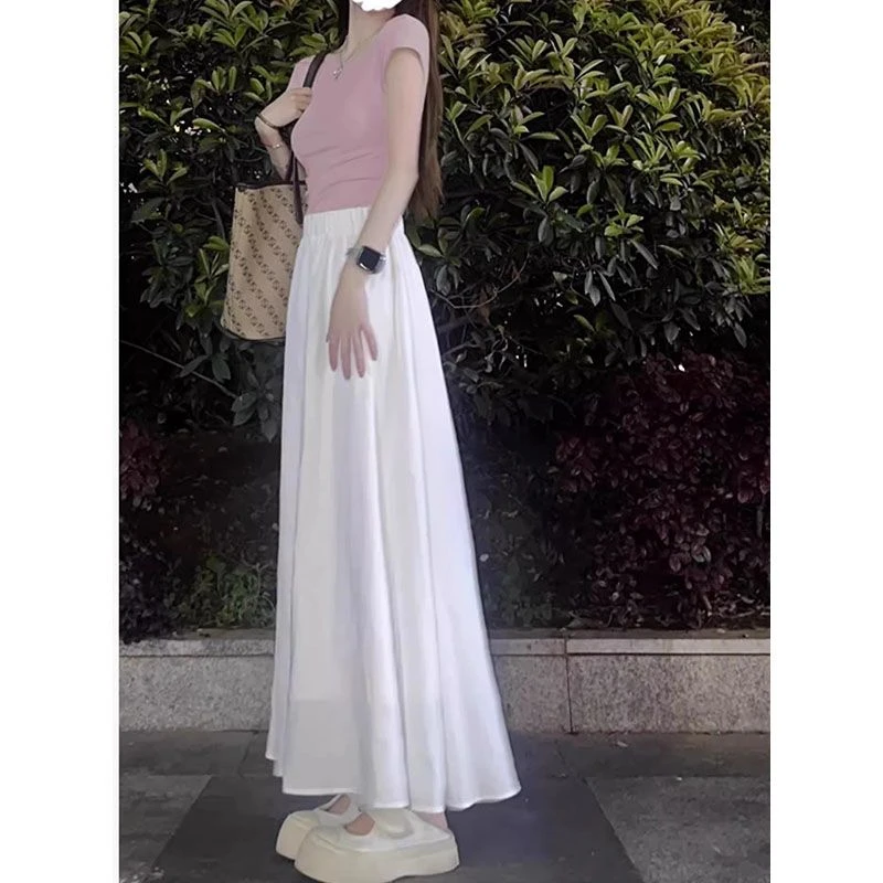 温柔风白色半身裙女夏季新款高腰显瘦垂感慵懒百褶中长款a字裙子