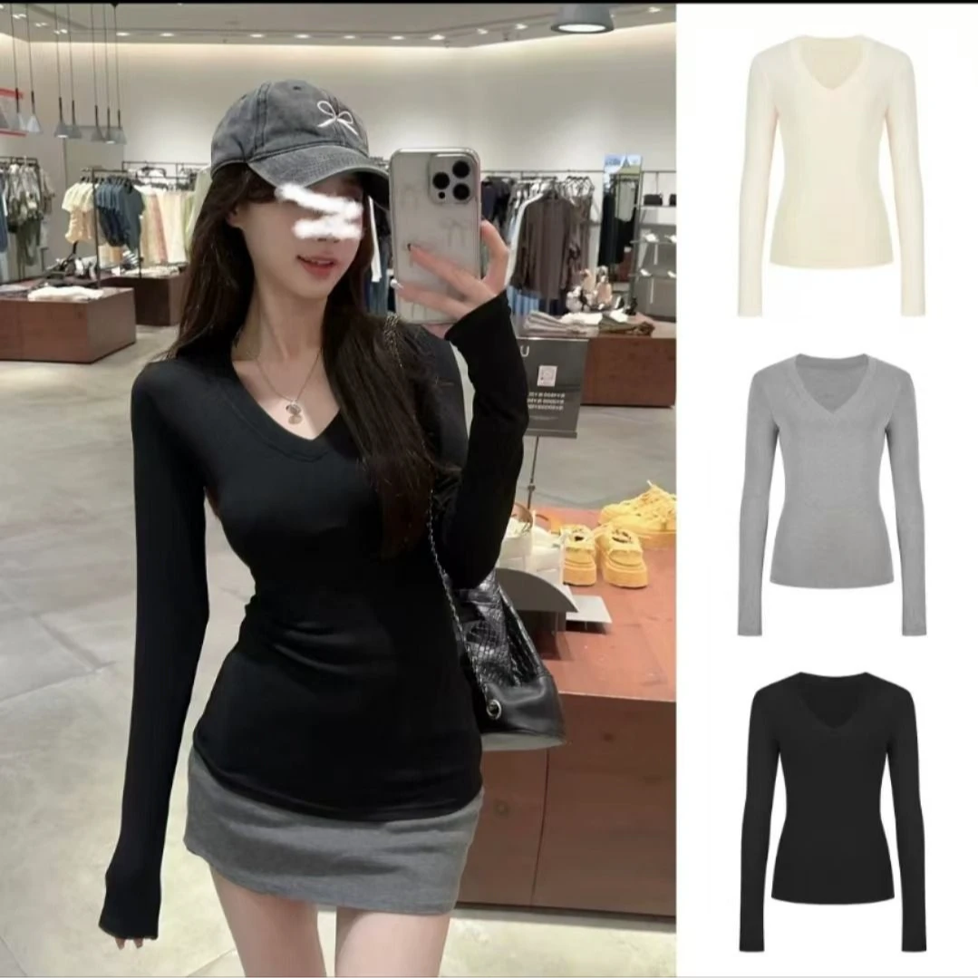 纯欲风黑色长袖v领正肩t恤女秋冬新款修身显瘦内搭打底衫辣妹上衣