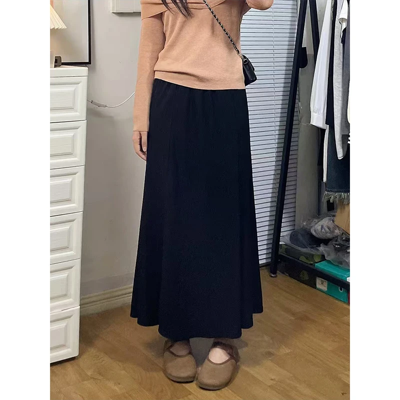 复古黑色糯米半身裙女秋冬新款气质百搭高腰垂坠感休闲a字长裙子