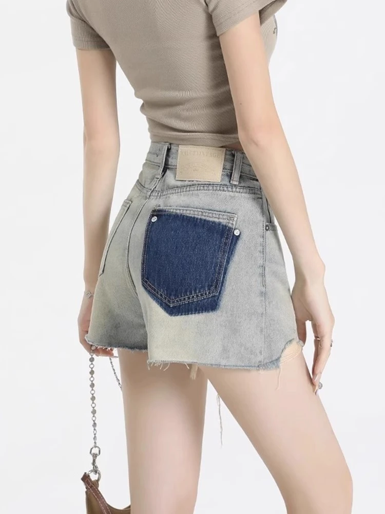 浅色牛仔短裤女夏季薄款2024年新款高腰拼色口袋辣妹破洞流苏热裤