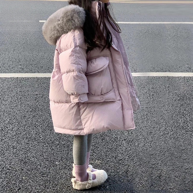 女童洋气大毛领连帽棉服儿童中长款棉衣秋冬款加厚保暖外套
