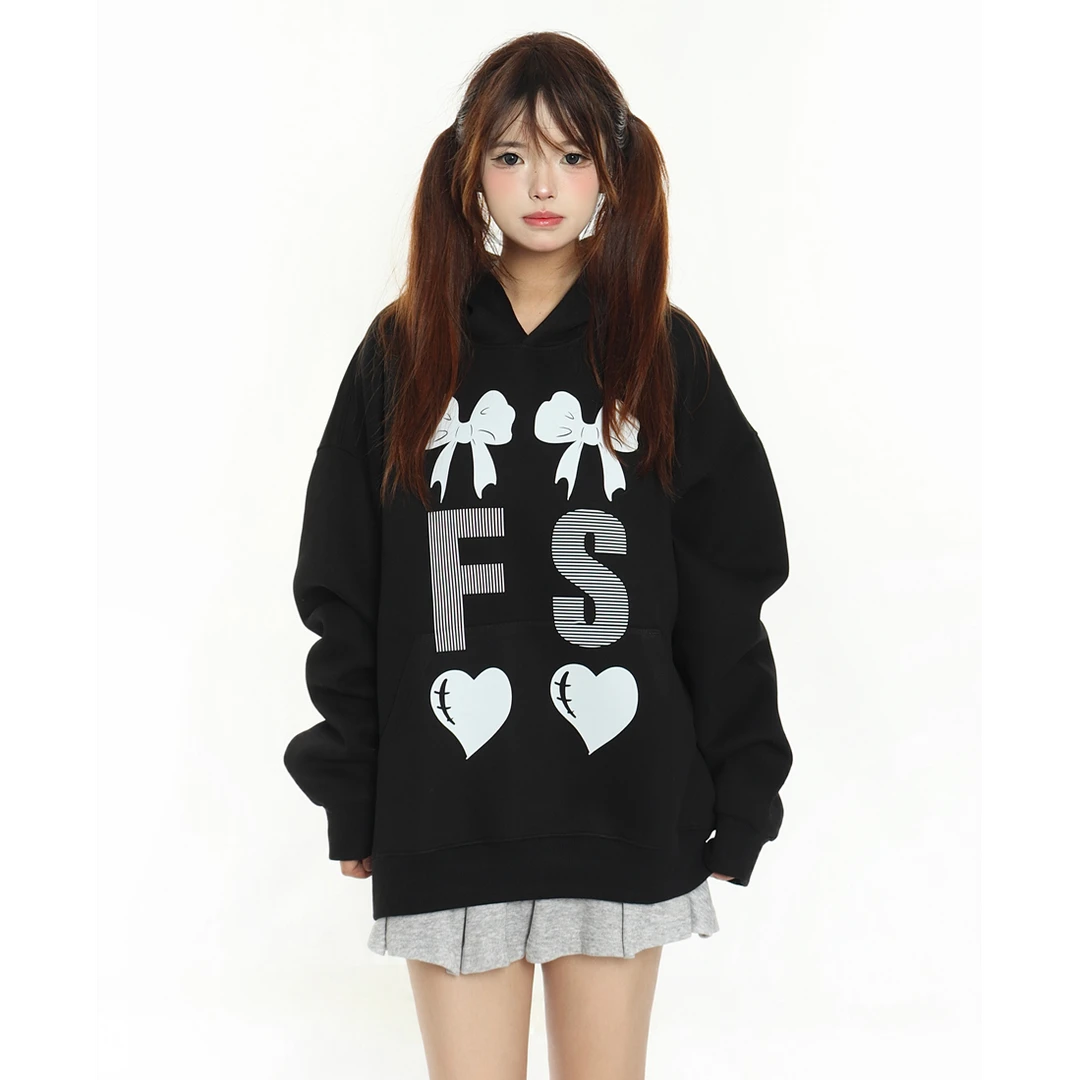2024秋季新款国潮休闲时尚可爱蝴蝶结字母印花宽松百搭连帽卫衣女