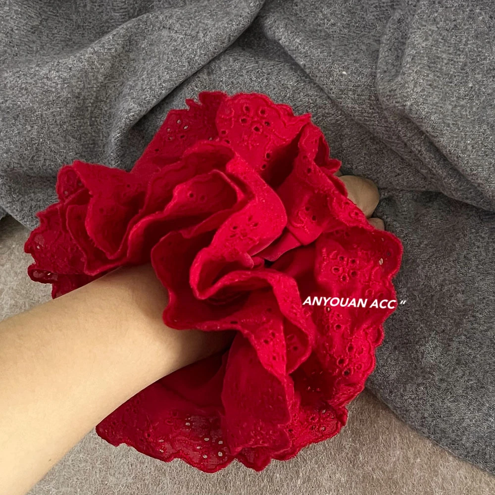 四层重工～大号红色蕾丝花边大肠马尾发圈法式复古高级感布艺发饰