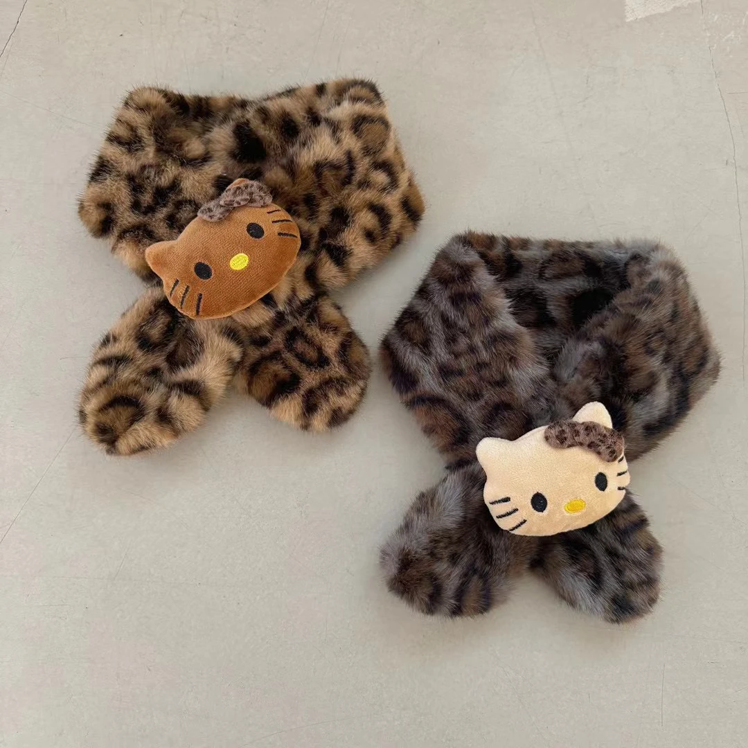 KT豹纹交叉围脖毛毛冬季宝宝儿童保暖洋气脖套加厚卡通可爱猫咪