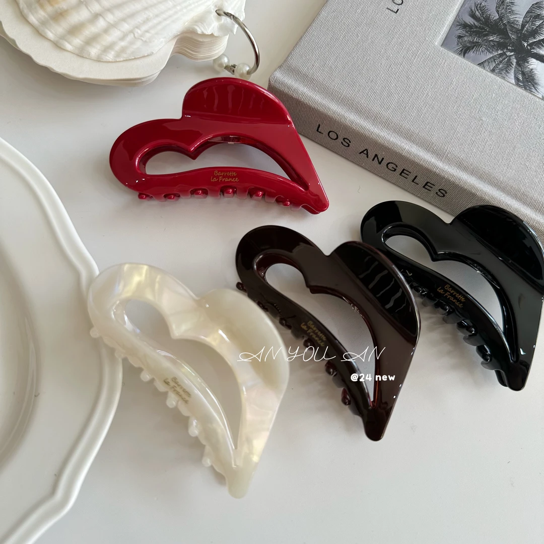 爱心～醋酸镂空抓夹高端法式复古鲨鱼夹红色半圆盘发发夹新款