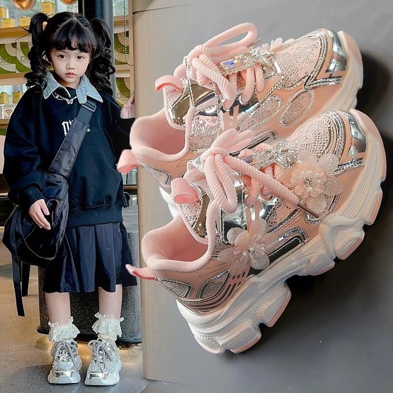 2-12岁女童运动鞋秋冬新款时尚轻便老爹鞋银色花朵休闲跑步鞋潮