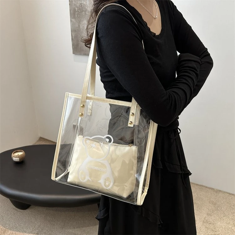 夏季透明手提包上班族托特包单肩包学生子母果冻包大容量托特包