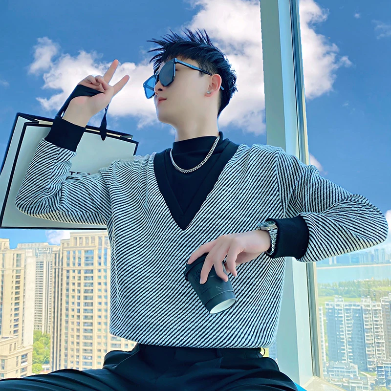 小香风外套男春秋季2024新款爆款时尚假两件百搭长袖宽松上衣体恤