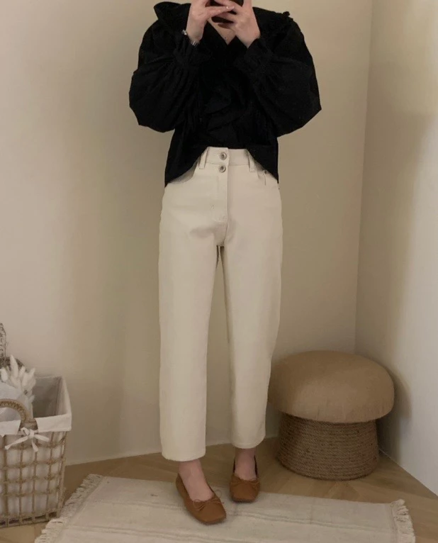 9113韩系两粒扣显瘦法棍裤四面弹牛仔裤春季