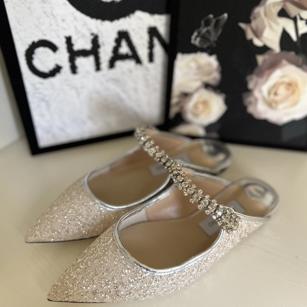 【刺绣网纱半拖】内里羊皮尖头一字带钻浅口漆皮半拖平底法式手工鞋