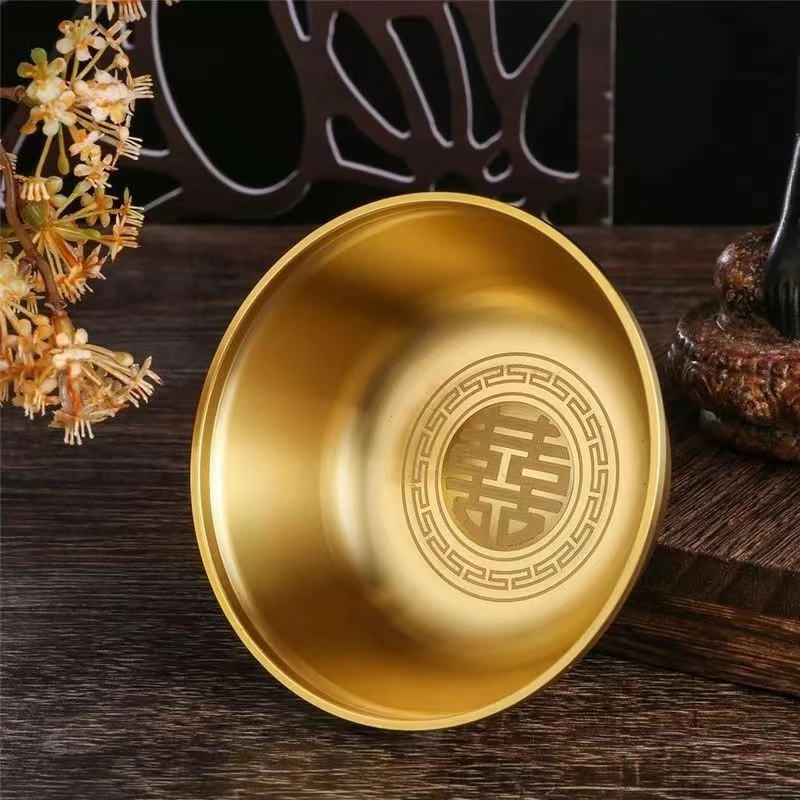 【铜升铜器】纯铜双喜碗家用纯铜招财鎏金金边碗大号金色供奉铜碗