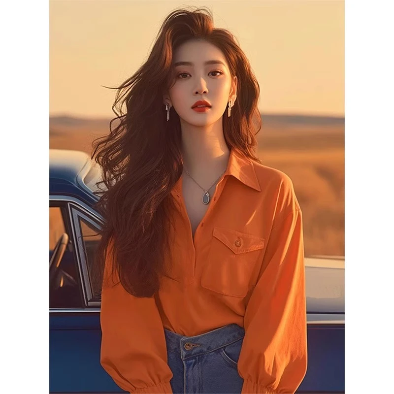 法式橘色polo衬衫2025早秋新款洋气减龄独特别致绝美上衣