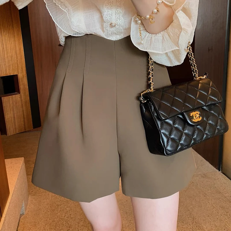 西装短裤女夏季宽松高腰小个子压褶设计感a字休闲热裤高腰阔腿裤