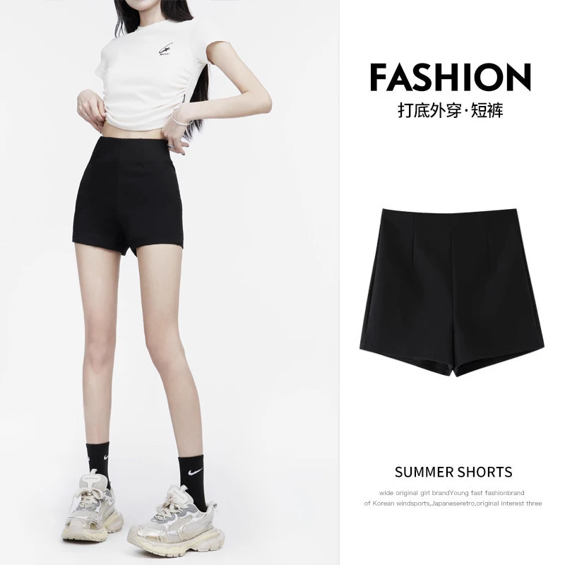黑色紧身西装短裤辣妹女夏季小个子显瘦打底高腰热裤外穿美式裤子