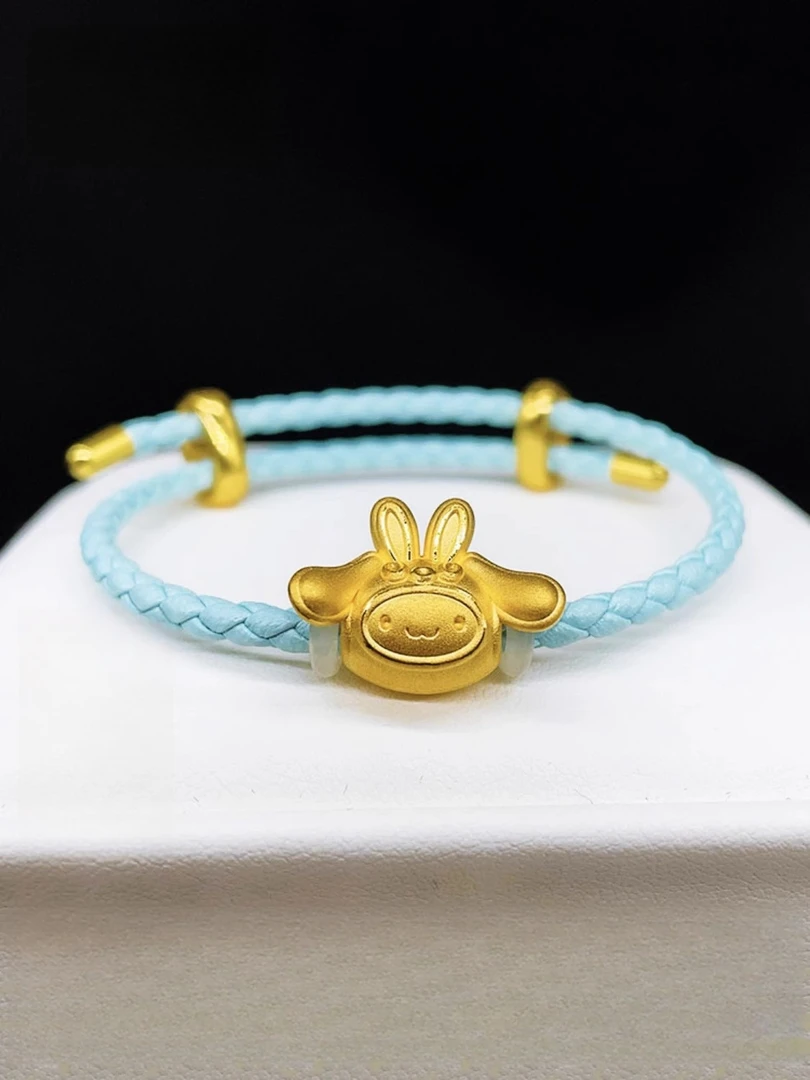 足金999兔耳玉桂小狗手链3D硬金黄金生肖兔子大耳狗转运珠送女友