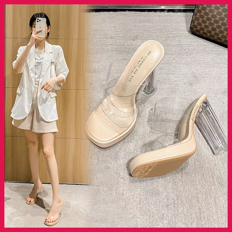 高跟网红凉拖鞋女水晶跟24夏季新款透明凉鞋女外穿防水台20一字带