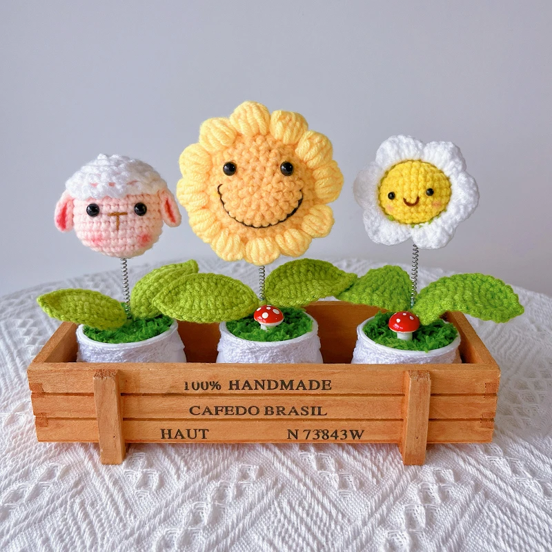 可爱动物车载摇头手工向日葵网红毛线花摆件办公桌面手工编织花