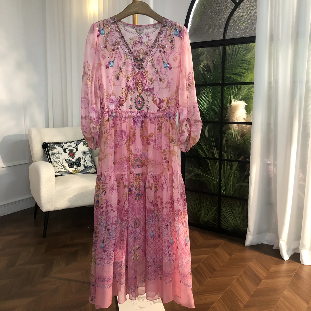 【高定粉红色-瑶瑶】重磅100桑蚕丝连衣裙-档Y24-21-1