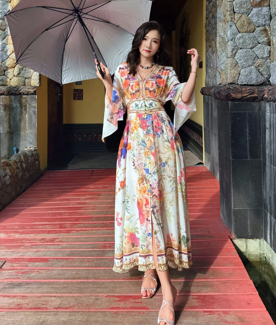 【高定倾城花颜-瑶瑶】重磅100桑蚕丝连衣裙HF24303