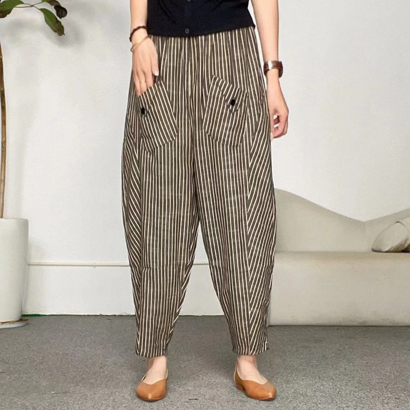 #805新款韩版大口袋条纹棉麻早秋休闲宽松百搭显瘦哈伦裤