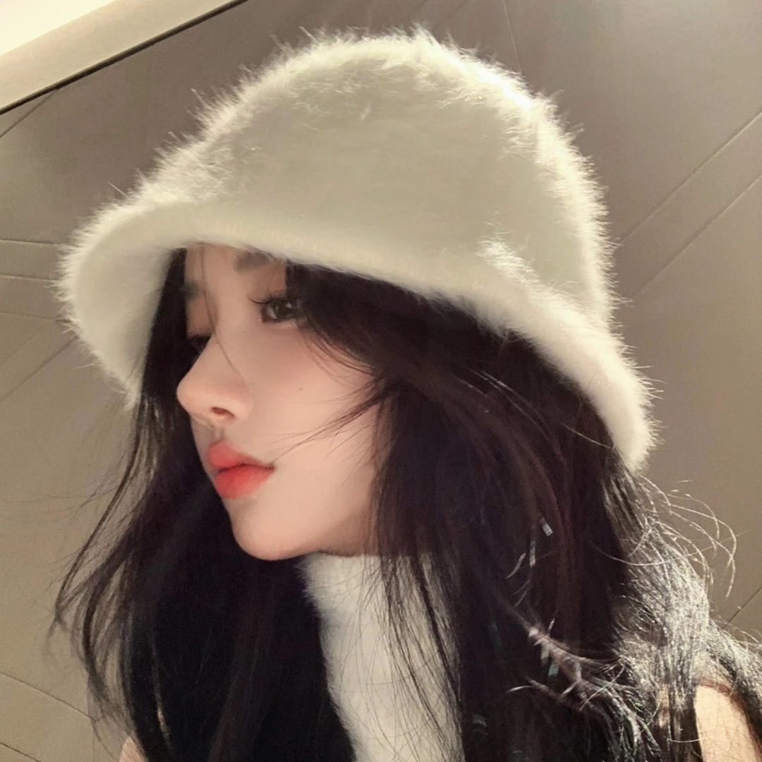 兔途爱白色兔毛渔夫帽毛绒水桶帽大头围盆帽帽子