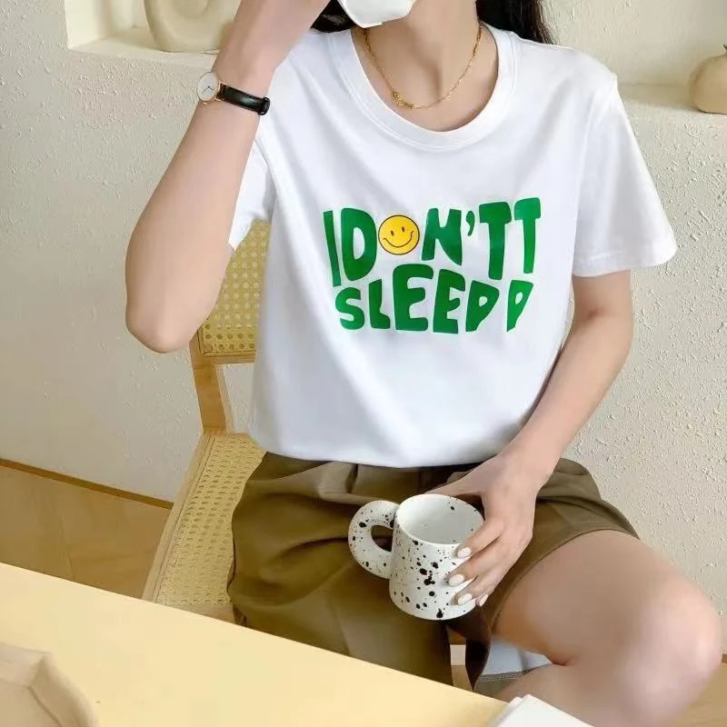 夏季新款正肩短袖t女款上衣圆领印花ins体恤衫休闲款(笑脸绿字母）