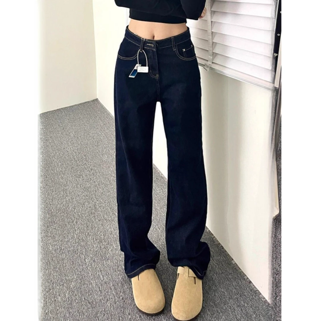 防褪色 镇店高货！复古深蓝色直筒牛仔裤女高腰显瘦百搭窄版阔腿裤