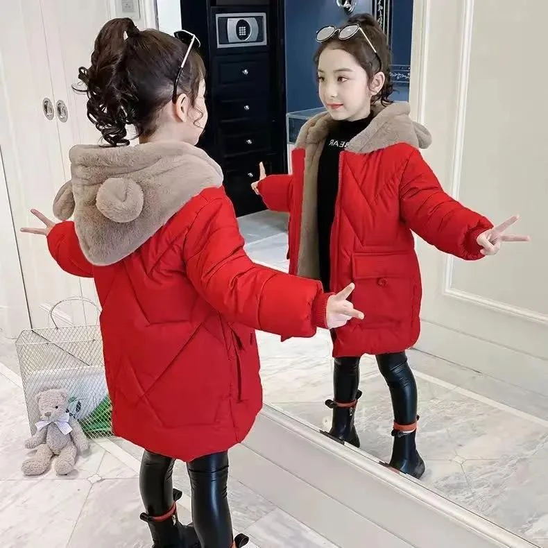 2024新款女童棉衣冬装洋气儿童拼色加厚外套中长款棉袄中时尚百搭