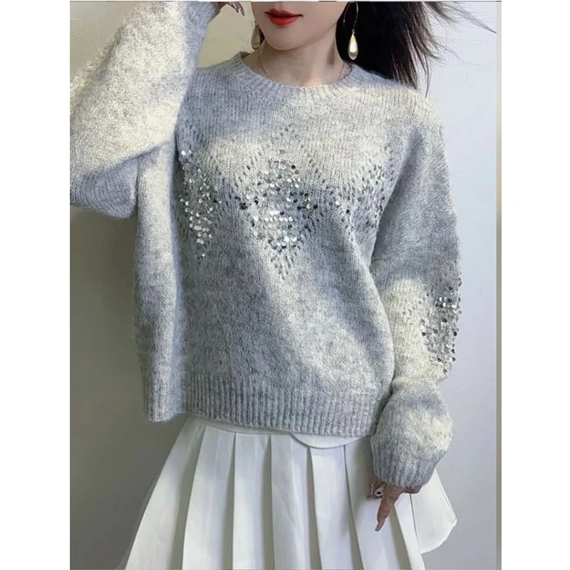 秋冬镂空菱形重工亮片针织衫女新款慵懒风气质宽松软糯圆领毛衣女