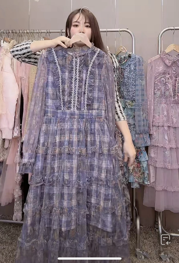 米澜小姐紫色宫廷风亮片优雅裙子2023新款春夏轻奢气质连衣裙女