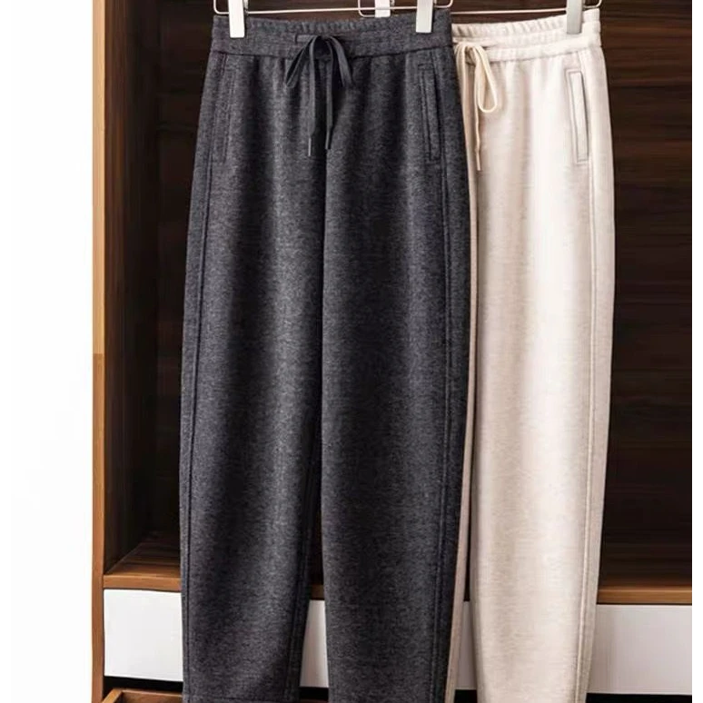 高端时尚软毛呢裤子女秋冬加厚宽松显瘦萝卜哈伦裤镰刀直筒奶奶裤