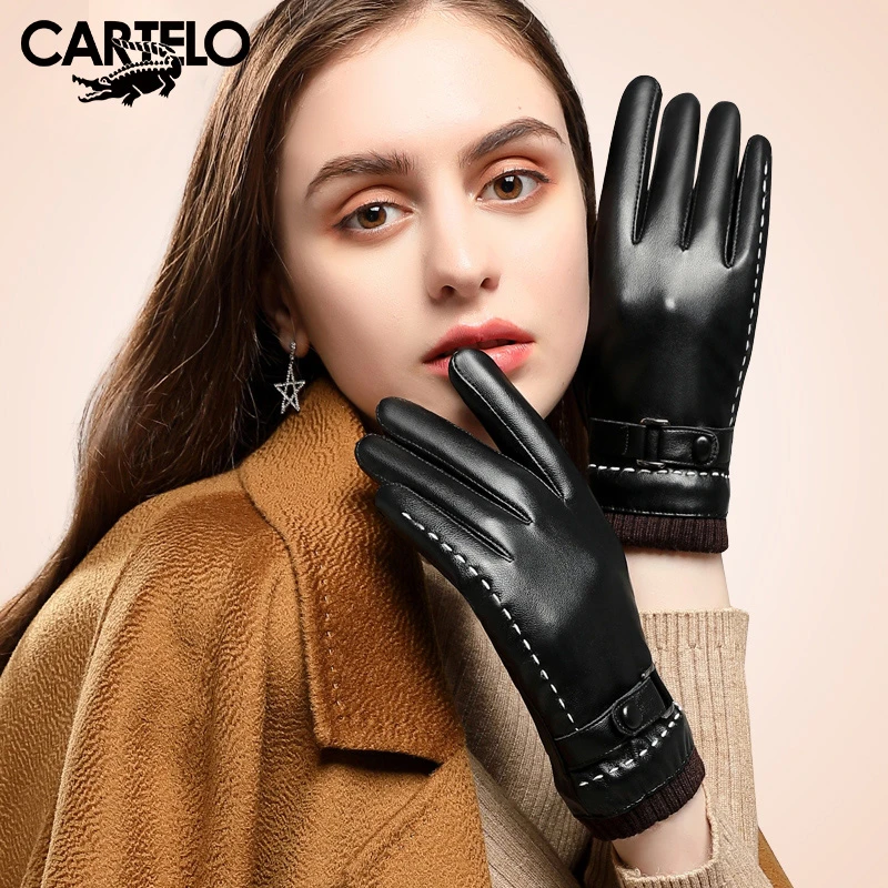 CARTELO/卡帝乐鳄鱼冬季女士皮手套触屏户外加绒加厚防寒保暖防风