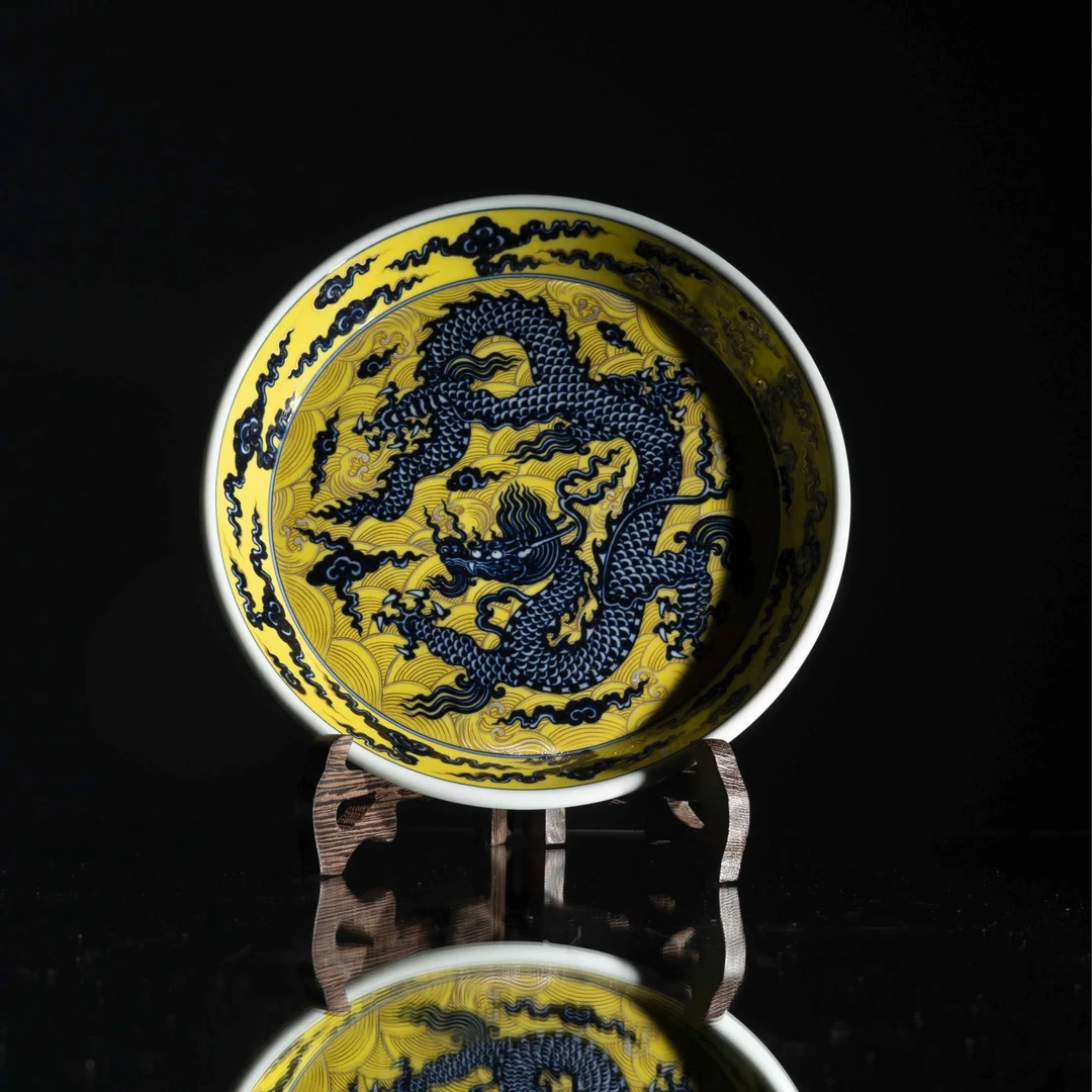 【水造】-黄釉青花龙纹大壶承