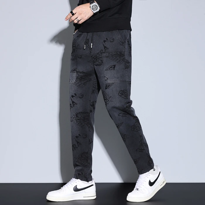 接潮龙纹提花秋冬男士休闲裤直筒时尚宽松潮流修身大码弹力休闲裤