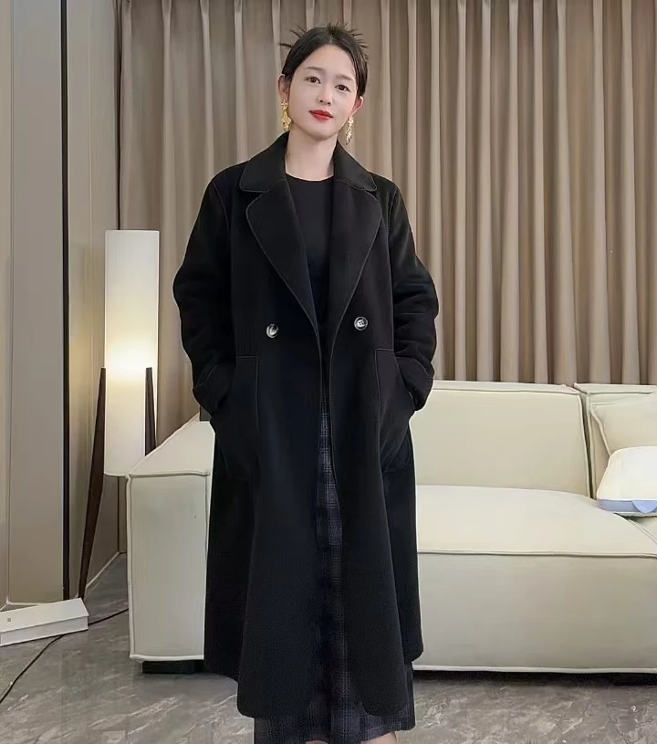 2024新款秋冬双面呢大衣女中长款过膝雅丹风毛呢外套气质