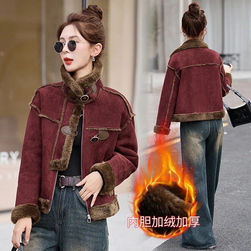 复古高级感时尚安哥拉红麂皮绒皮毛一体外套女小个子2024秋冬新款