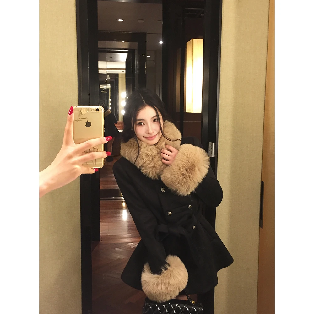 复古黑色毛领长袖毛呢外套女秋冬毛毛拼接高级感修身气质呢子套装