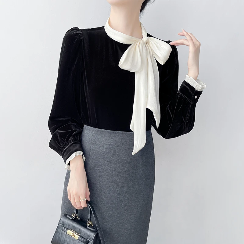 Q443轻奢赫本风飘带蝴蝶结丝绒衬衫女秋冬时尚洋气设计感小众上衣