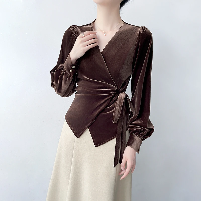Q445修身绑带显瘦丝绒衬衫女秋冬新款设计感小众衬衣时尚气质上衣