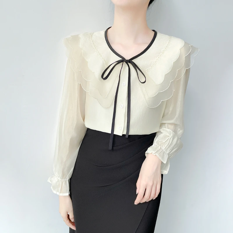 Q382温柔甜美气质设计感衬衫女洋气减龄花边撞色系带圆领上衣小众