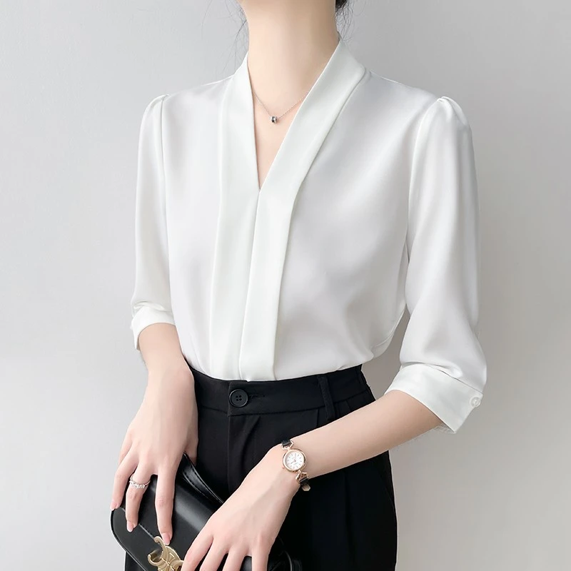 韩帛雅白色v领衬衫女夏季时尚洋气通勤衬衣西装打底内搭上衣