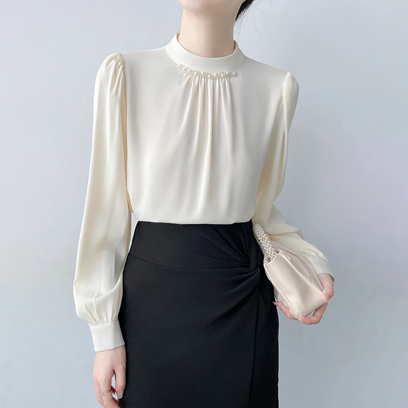 韩帛雅Q328法式珍珠立领衬衫女气质长袖衬衣职业衬衫女秋冬内搭