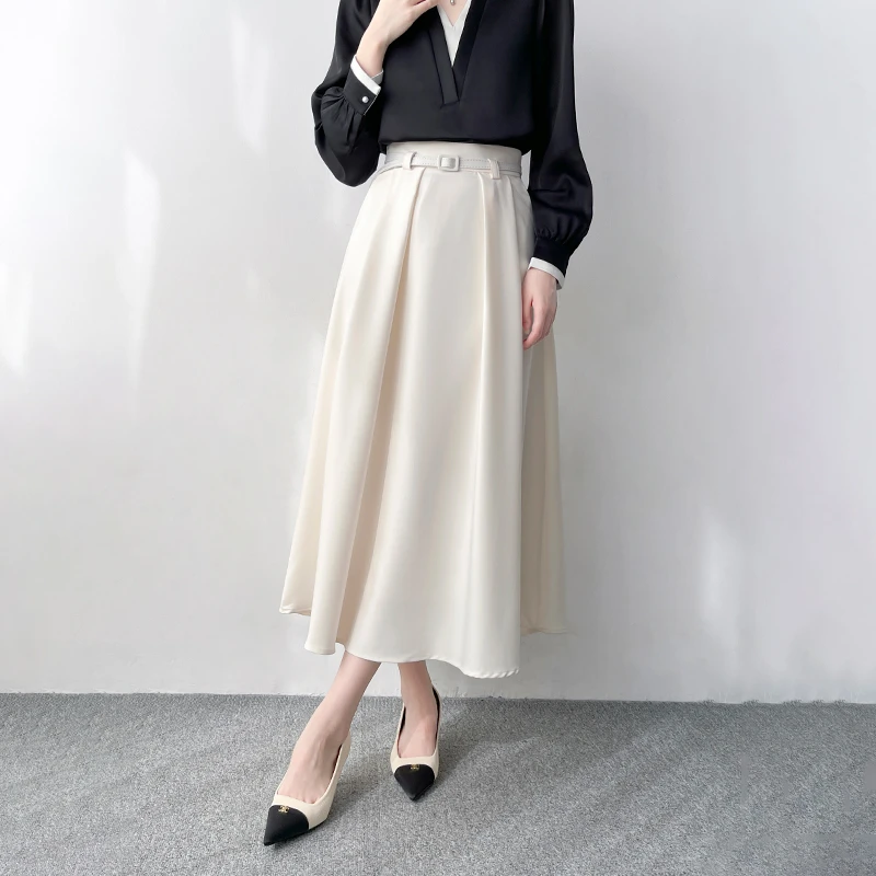 Q497高腰显瘦百褶半身裙女春季大摆垂感a字伞裙中长款百搭西装裙