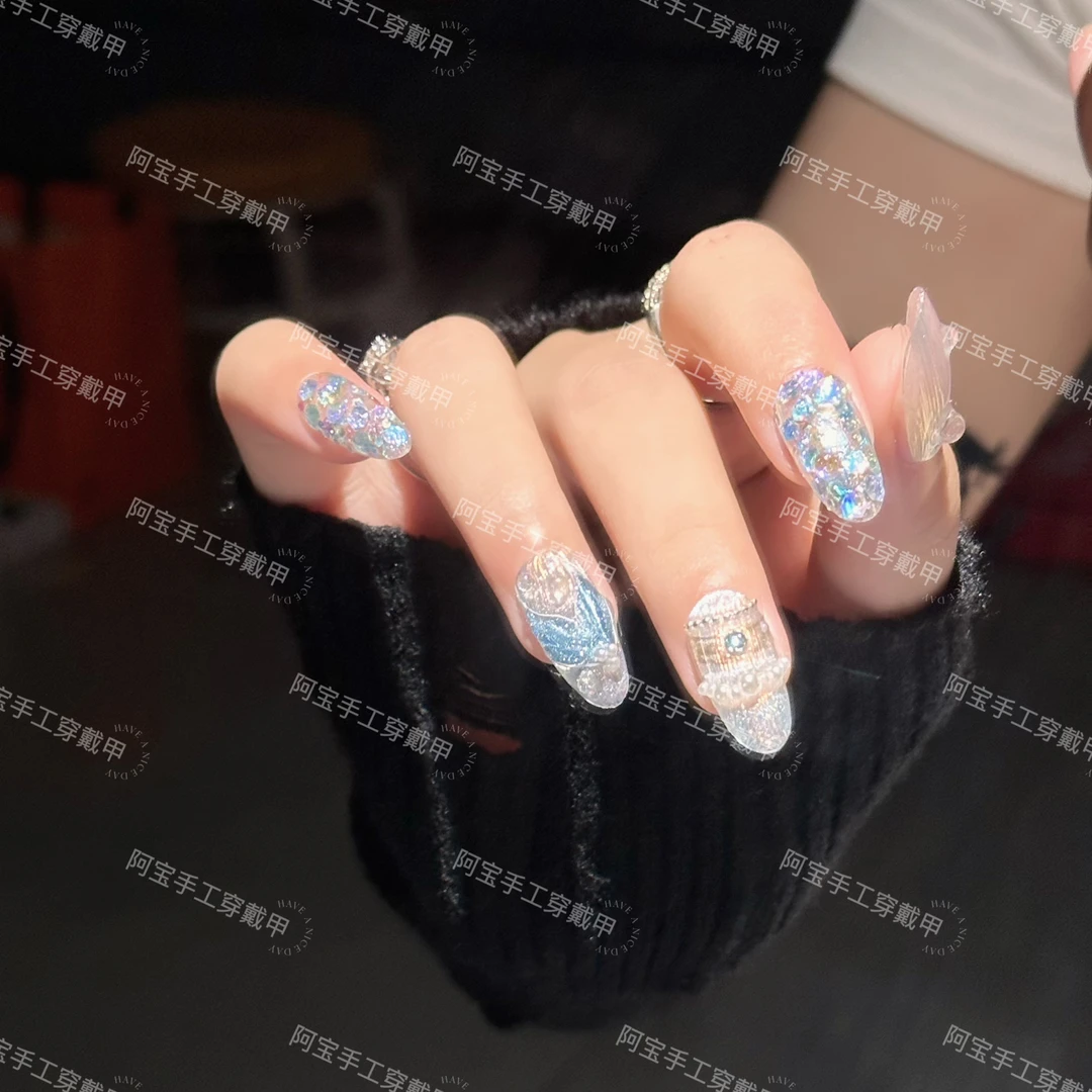 【蓝色海洋】纯手工穿戴甲气质穿戴式梯形光疗甲美甲师