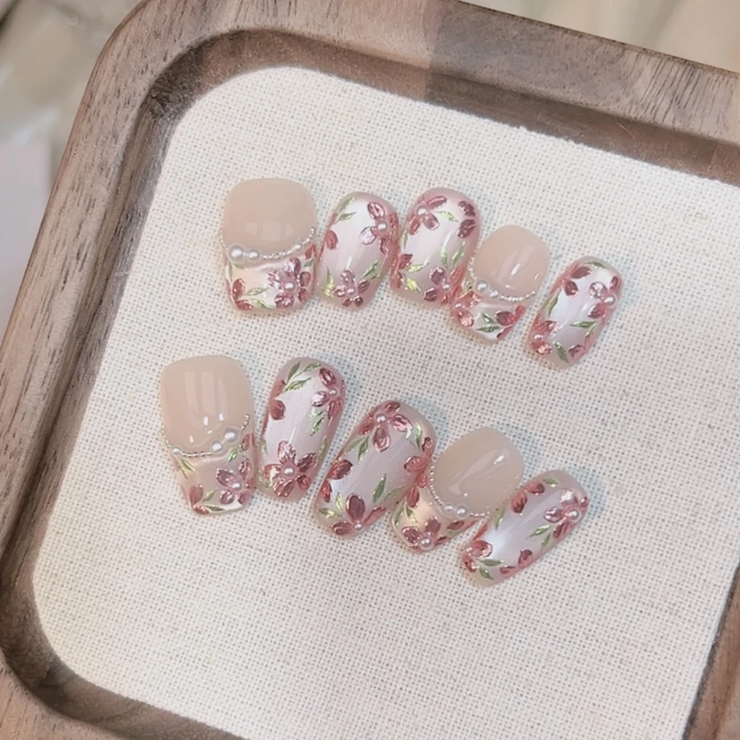 【繁花似锦】纯手绘纯手工穿戴甲穿戴式梯形光疗甲美甲