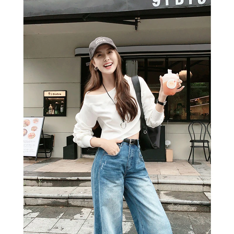 美洋MEIYANG 一字肩上衣 小露香肩~气质优雅显瘦短款长袖卫衣